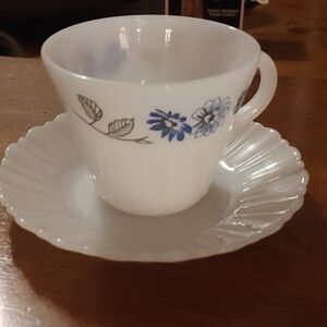 Vintage Termocrisa Blue Floral Milk Glass Cup and Saucer